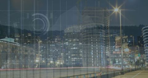 Digital Financial Interface Overlay on Cityscape at Night