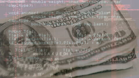 Digital Finance Concept with Code and US Dollar Bills Overlay