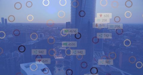 Cityscape with Digital Data Overlay and Modern Skyscrapers