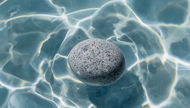 Speckled stone floating on crystal water creating concentric ripples and caustic light