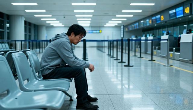 Asian man in gray hoodie sitting alone in empty airport terminal waiting during travel delay