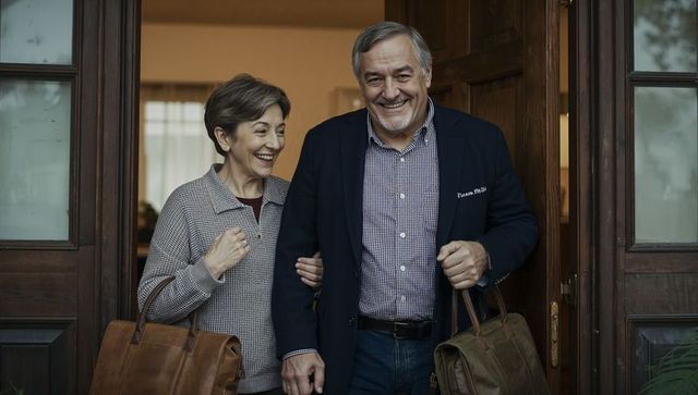 Senior couple leaving home carrying leather bags smiling at front door