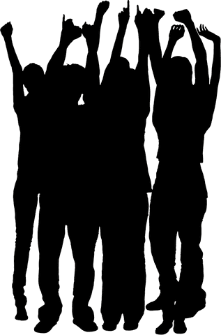 Silhouette group celebrating victory with raised arms transparent