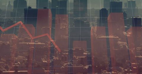 Economic analysis with financial graphs over cityscape