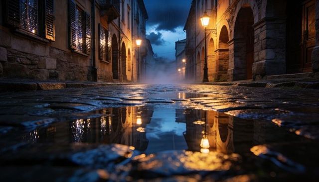 Glowing wet cobblestone alley reflecting amber lanterns at dusk with misty historic arches