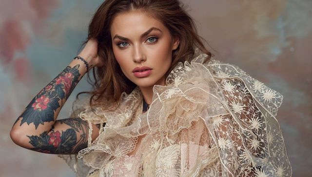 Glamorous lace couture portrait with floral arm tattoo and dramatic beauty makeup