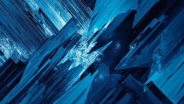 Cyan crystal shards radiating from central cluster, futuristic geometric digital fracture