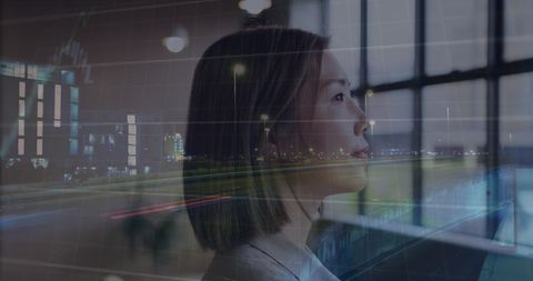 Contemplative Businesswoman Overlooking Cityscape Layers of Technology