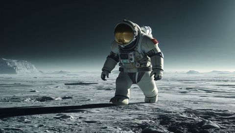 Astronaut Walking Across Frozen Lunar Plain Wearing Gold Visor and EVA Spacesuit