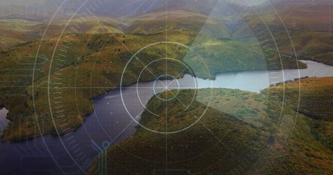 Aerial Lake View with Digital Overlay and Mountain Hills