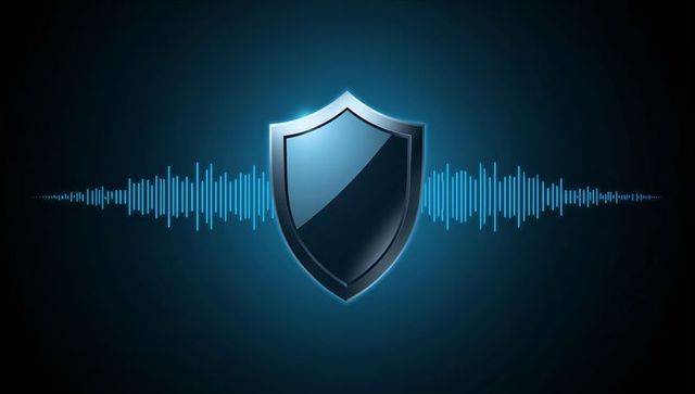 Glossy Blue Shield Guarding Digital Soundwave for Cybersecurity and Voice Authentication