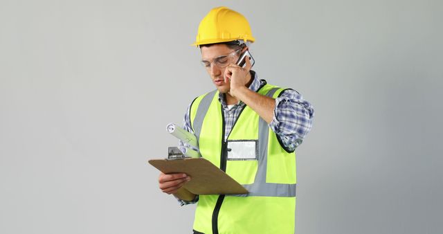 Construction Worker Talking on Phone Holding Clipboard - Download Free Stock Images Pikwizard.com