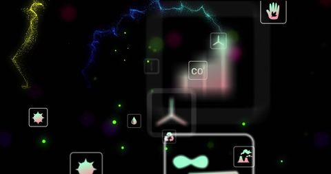 Futuristic data icons with glowing particle effects on dark background