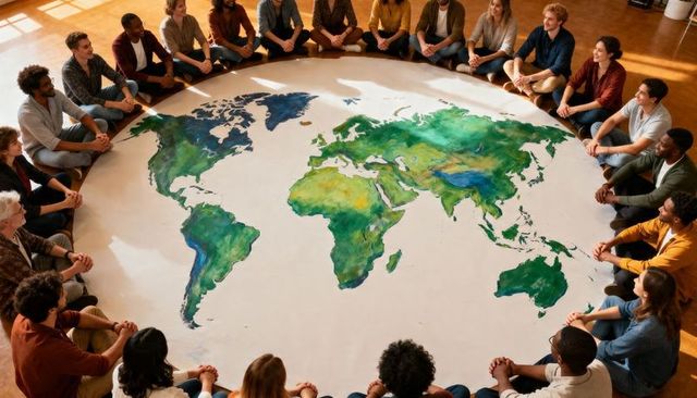 Diverse group sitting in circle around large painted world map for global collaboration