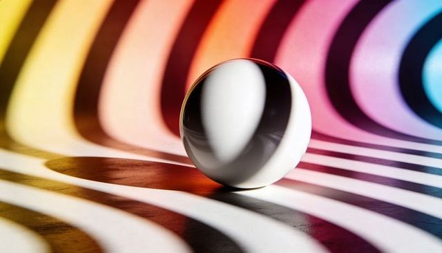 Glossy white sphere reflecting vibrant striped light with warm to cool gradient