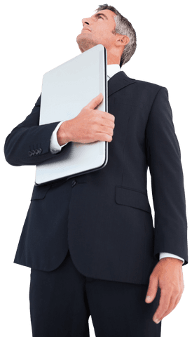 Businessman Proudly Holding Laptop with Upward Gaze on Transparent Background