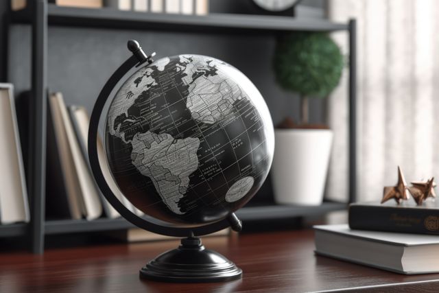 This image features an elegant black and white globe positioned on a modern wooden desk. The setting is complemented by bookshelves in the background, suggesting an office or study environment. Use this stock photo to highlight themes related to travel planning, geography education, academic purposes, or modern office decor in websites, blogs, or presentations.