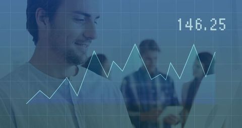 Young Professional Analyzing Data Dashboard with Team Collaboration and Rising Chart