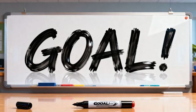 Goal! bold brush lettering on whiteboard with markers for team planning and motivation