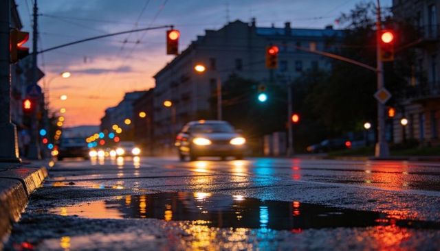 Reflecting wet city avenue at dusk mirroring headlights and traffic lights in puddles