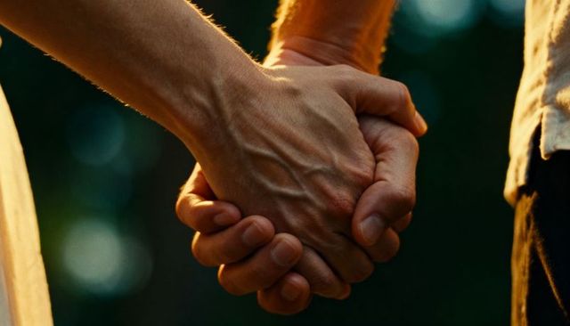 Holding hands at sunset backlit closeup conveying intimacy and connection