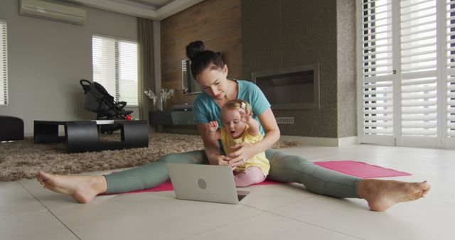 Mother and Daughter Exercising with Laptop at Home - Download Free Stock Images Pikwizard.com