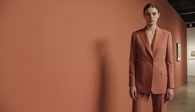Minimalist fashion editorial standing model wearing rust tailored suit terracotta backdrop