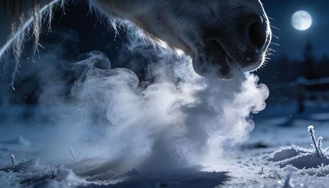 Moonlit horse muzzle exhaling steam over frosty snow with frosted whiskers and nostrils