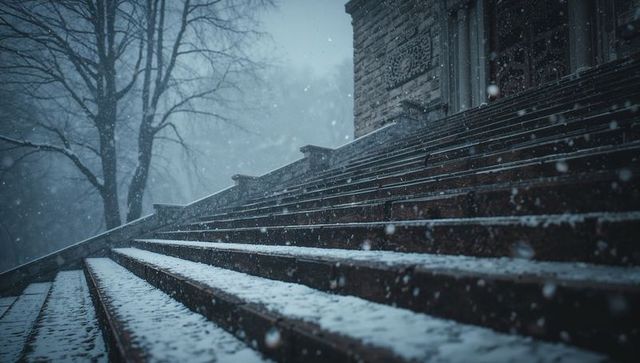 Snow-blanketed monumental stone steps rising beside historic masonry facade, moody winter