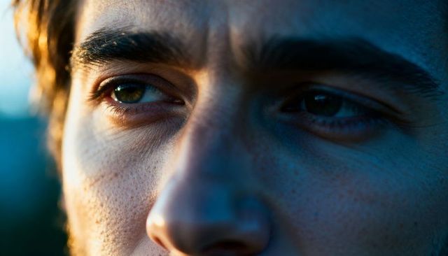 Intense male gaze at golden hour highlighting eyes skin texture stubble and moody duotone