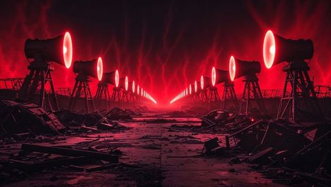 Futuristic megaphone path in a dystopian industrial setting