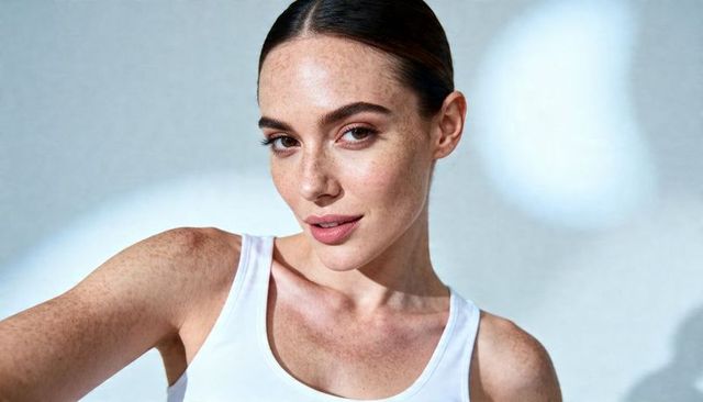 Closeup freckled female model posing in white tank top showing skin detail and calm gaze