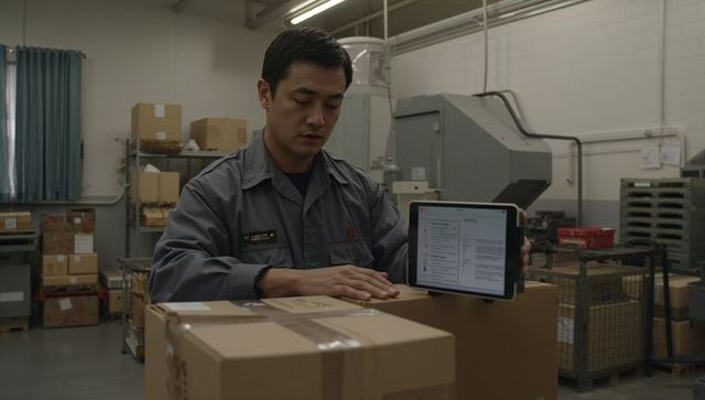 Holding tablet and checking labels during packing in warehouse fulfillment center