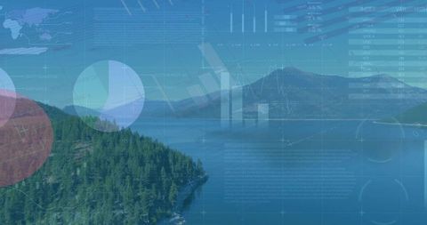 Mountain Lake with Digital Data Overlay Illustrating Technology Impact