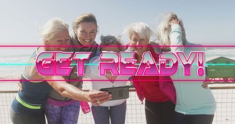 Happy Senior Women Taking Selfie at Beach with Motivational Get Ready Text