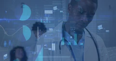 Data Overlay on African American Doctor with Clipboard in Hospital