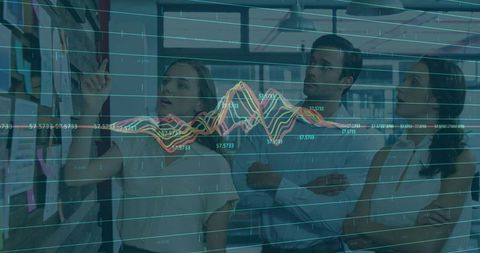 Team Collaborating in Office with Analytics Chart Overlay