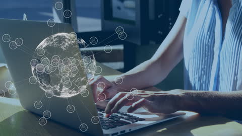 Businesswoman Using Laptop with Global Network Visualization