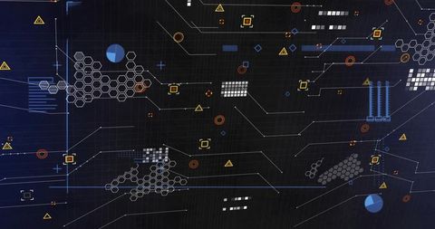 Displaying abstract digital network dashboard with hex clusters, node glyphs, circuit grid and data