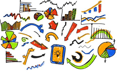 Vibrant charts and arrows with tablet on transparent background