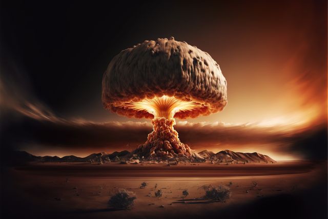 Dramatic scene depicting a massive nuclear explosion with a towering mushroom cloud rising over a barren desert landscape. The fiery explosion bathes the surroundings with a surreal glow, illustrating the immense destructive power. Useful for projects related to apocalyptic themes, science fiction, war, energy, or illustrating the devastating impact of nuclear weapons.