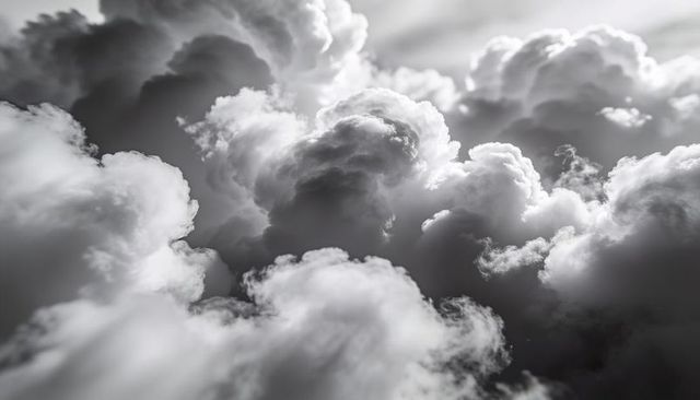 Monochrome billowing cumuliform clouds capturing dramatic light and shadow in stormy sky