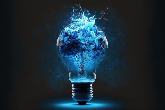 Image of lightbulb with blue shapes on black background, created using generative ai technology. Lightbulb, creative and pattern concept, digitally generated image.