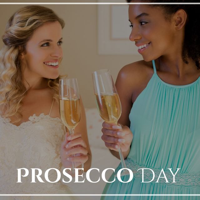 This image depicts two smiling women of different ethnicities toasting wine glasses, celebrating Prosecco Day. The joyful atmosphere conveyed makes it perfect for advertisements related to festive occasions, social gatherings, and friendship celebrations. It is also suitable for social media posts highlighting Prosecco Day or related events.
