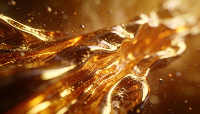 Liquid gold waves abstract macro metallic flow with amber glints and suspended droplets gloss