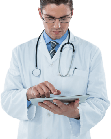 Transparent doctor using digital tablet with stethoscope