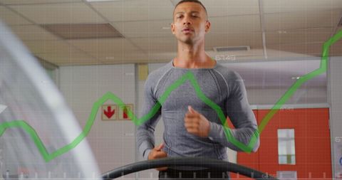 Man Running on Treadmill with Data Visualization Overlay
