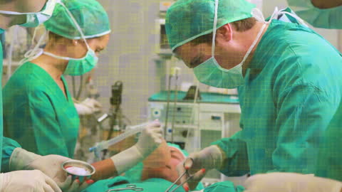 Surgical Team Performing Operation with Data Matrix Graphic Overlay
