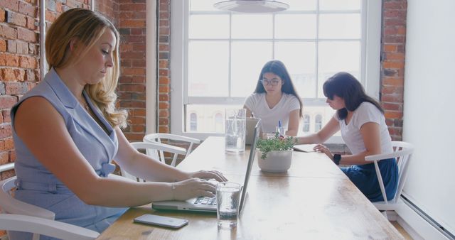 Group of women working in casual office setting near large window - Download Free Stock Images Pikwizard.com