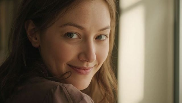 Smiling young woman leaning by sunlit window, soft natural light, warm cozy portrait